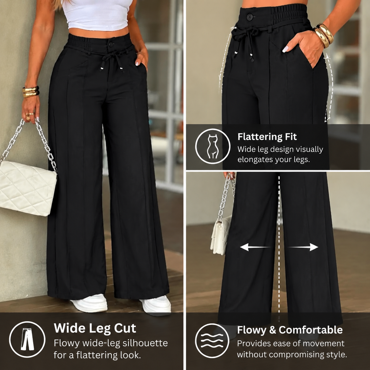 Women's casual wide-leg trousers with vertical pleats.
