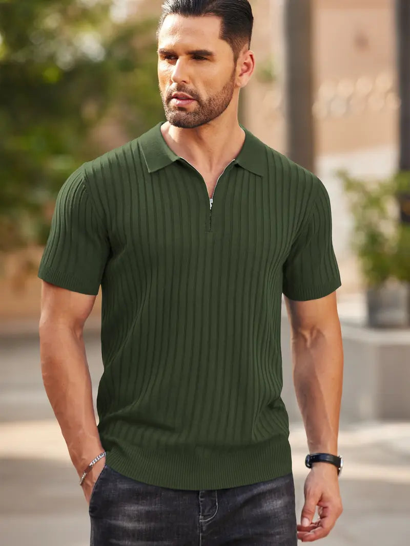 👕 Men’s Ribbed Knit Quarter-Zip Polo Shirt