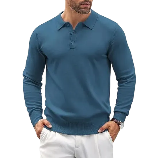 Men’s Long Sleeve Knit Polo Shirt – Casual Button Down Style