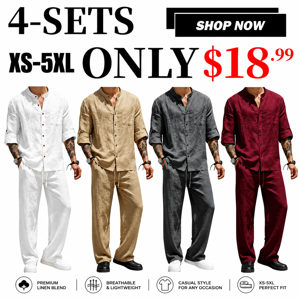 Men's Linen Stand Collar Long Sleeve Button Shirt & Straight Leg Belted Pants Set