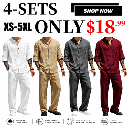 Men's Linen Stand Collar Long Sleeve Button Shirt & Straight Leg Belted Pants Set