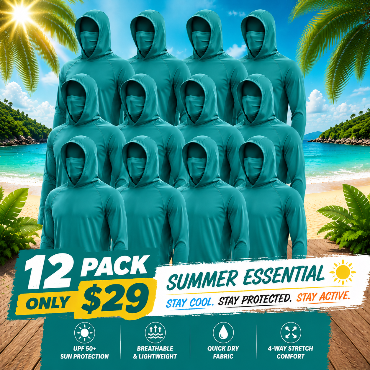 UPF 50+ Long-Sleeve Sun-Protection Hoodie (with Sleeve Pocket and Face Mask)