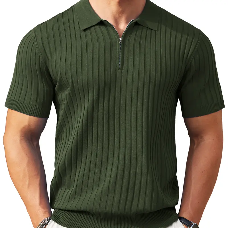 👕 Men’s Ribbed Knit Quarter-Zip Polo Shirt