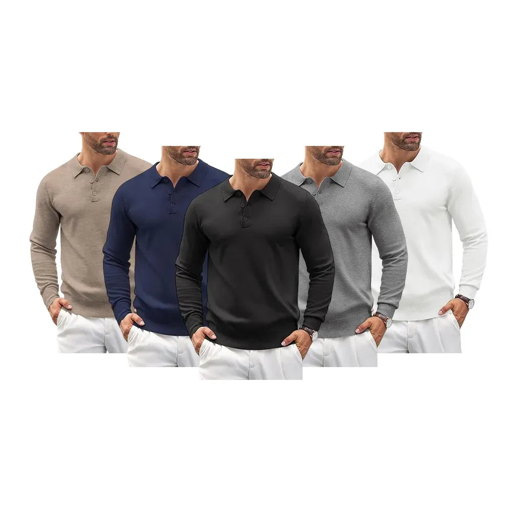 Men’s Long Sleeve Knit Polo Shirt – Casual Button Down Style