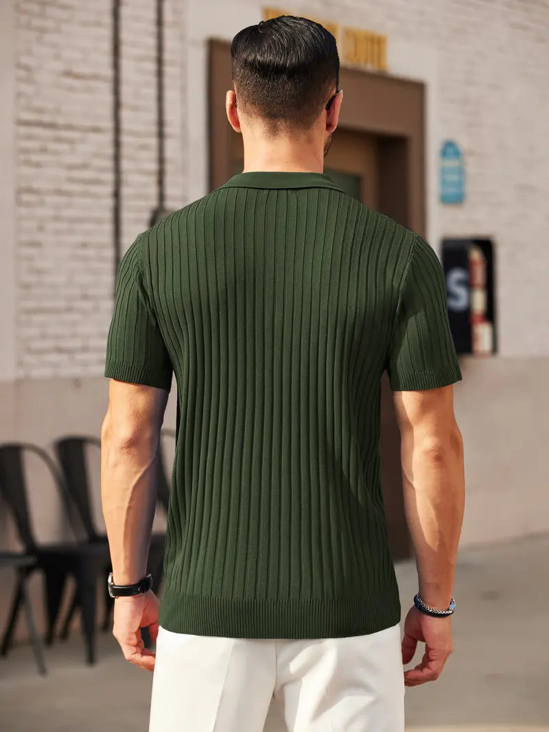 👕 Men’s Ribbed Knit Quarter-Zip Polo Shirt