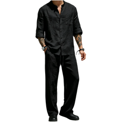 Men's Linen Stand Collar Long Sleeve Button Shirt & Straight Leg Belted Pants Set