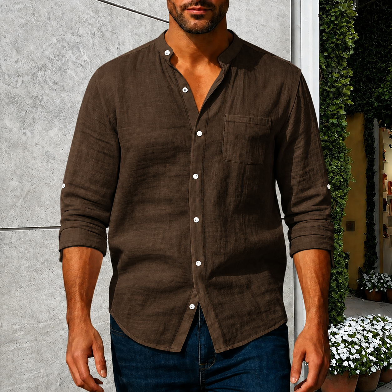 Men's Linen Long Sleeve Stand Collar Shirt