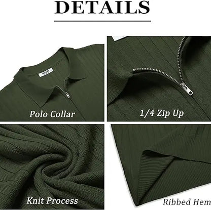 👕 Men’s Ribbed Knit Quarter-Zip Polo Shirt