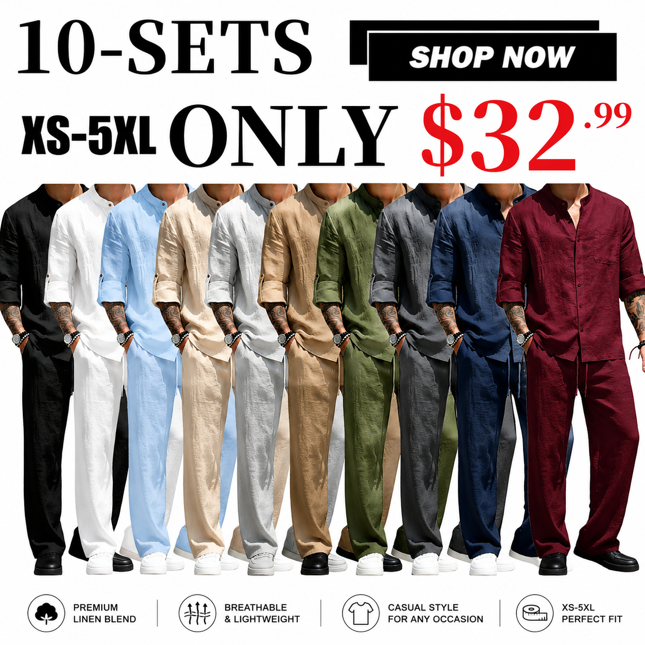 Men's Linen Stand Collar Long Sleeve Button Shirt & Straight Leg Belted Pants Set