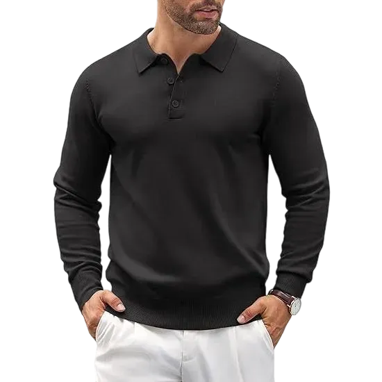 Men’s Long Sleeve Knit Polo Shirt – Casual Button Down Style