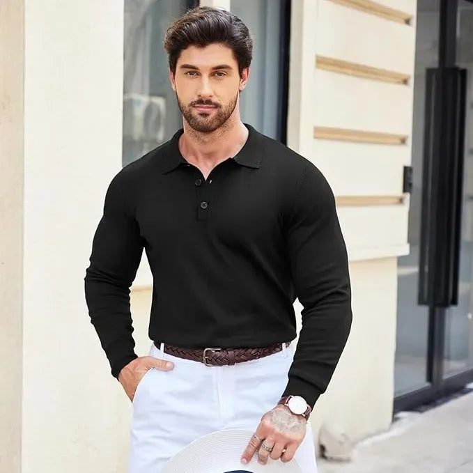 Men’s Long Sleeve Knit Polo Shirt – Casual Button Down Style