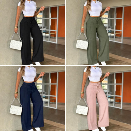 Women's casual wide-leg trousers with vertical pleats.