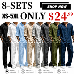 Men's Linen Stand Collar Long Sleeve Button Shirt & Straight Leg Belted Pants Set