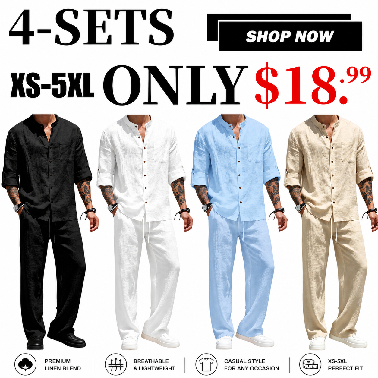 Men's Linen Stand Collar Long Sleeve Button Shirt & Straight Leg Belted Pants Set