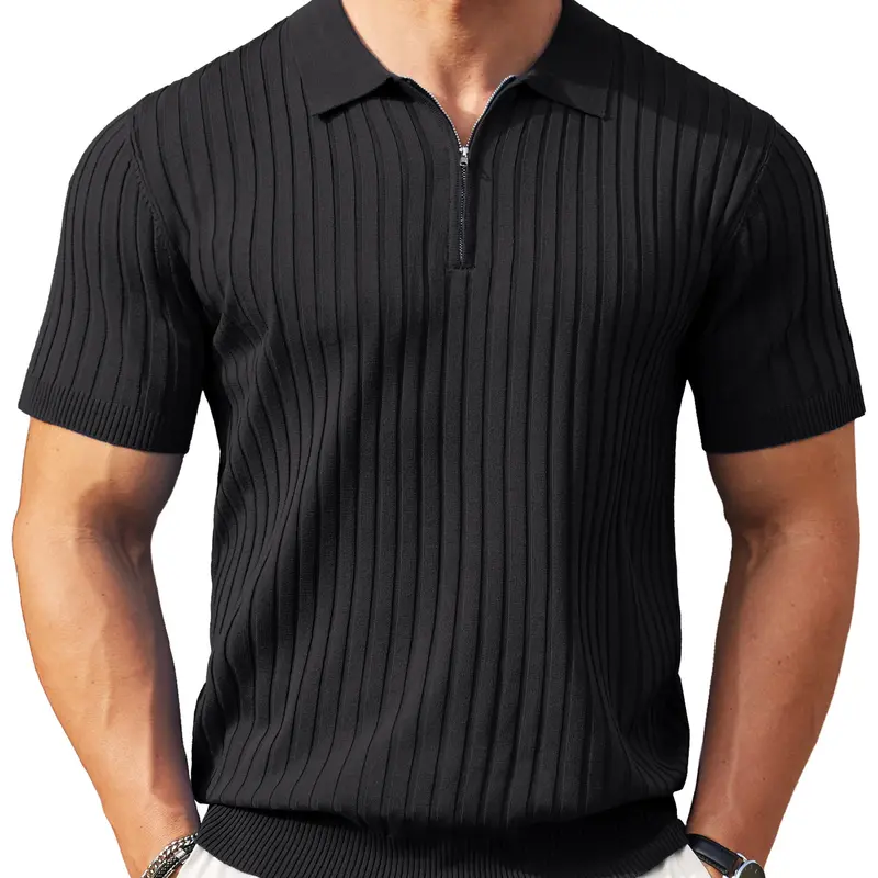 👕 Men’s Ribbed Knit Quarter-Zip Polo Shirt
