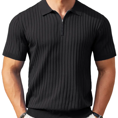 👕 Men’s Ribbed Knit Quarter-Zip Polo Shirt