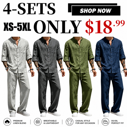Men's Linen Stand Collar Long Sleeve Button Shirt & Straight Leg Belted Pants Set