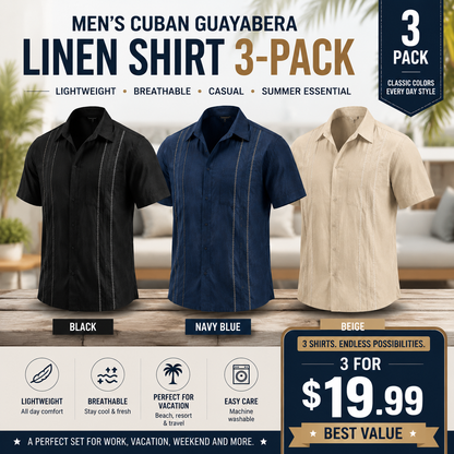 Men's Cuban Guayabera Shirt, Short Sleeve Linen Blend Button Down Summer Shirt, Lightweight Breathable Casual Beach & Vacation Wear