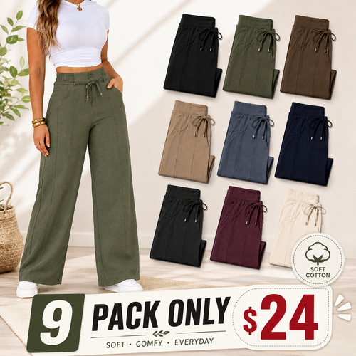 Women's casual wide-leg trousers with vertical pleats.