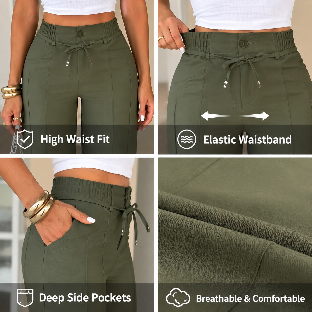 Women's casual wide-leg trousers with vertical pleats.