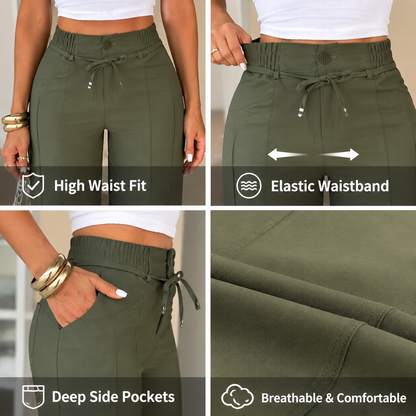 Women's casual wide-leg trousers with vertical pleats.