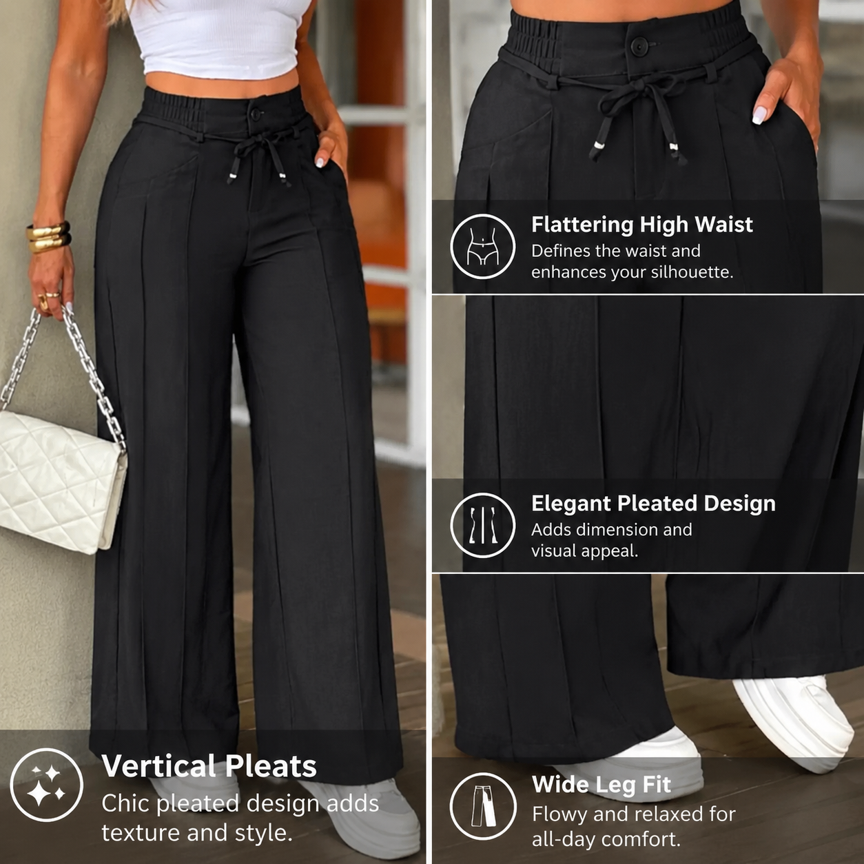 Women's casual wide-leg trousers with vertical pleats.