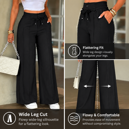 Women's casual wide-leg trousers with vertical pleats.