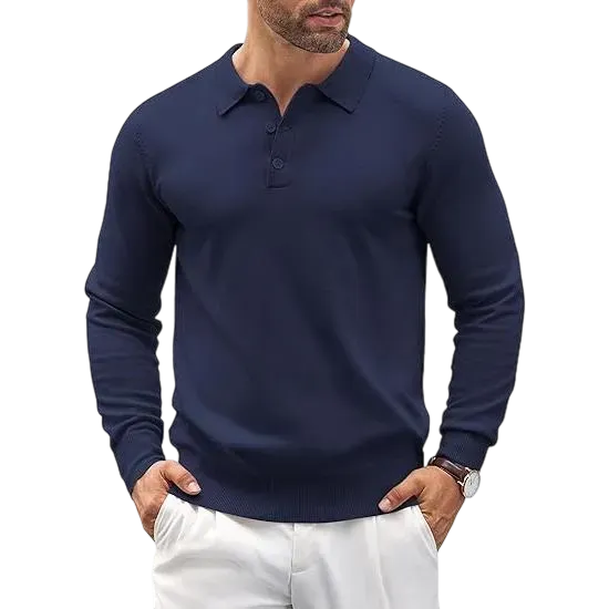 Men’s Long Sleeve Knit Polo Shirt – Casual Button Down Style