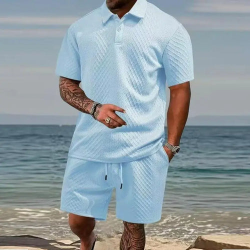 Men's summer casual texture fabric solid color polo shirt T-shirt shorts 2-piece set（副本）