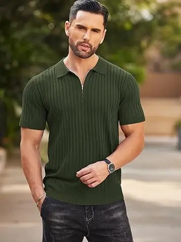 👕 Men’s Ribbed Knit Quarter-Zip Polo Shirt