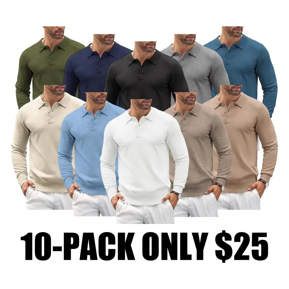 Men’s Long Sleeve Knit Polo Shirt – Casual Button Down Style