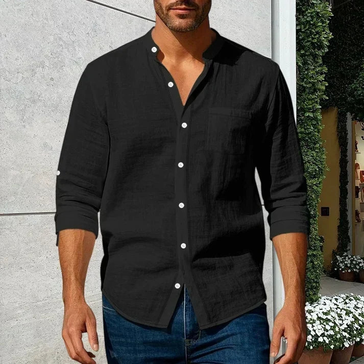 Men's Linen Long Sleeve Stand Collar Shirt
